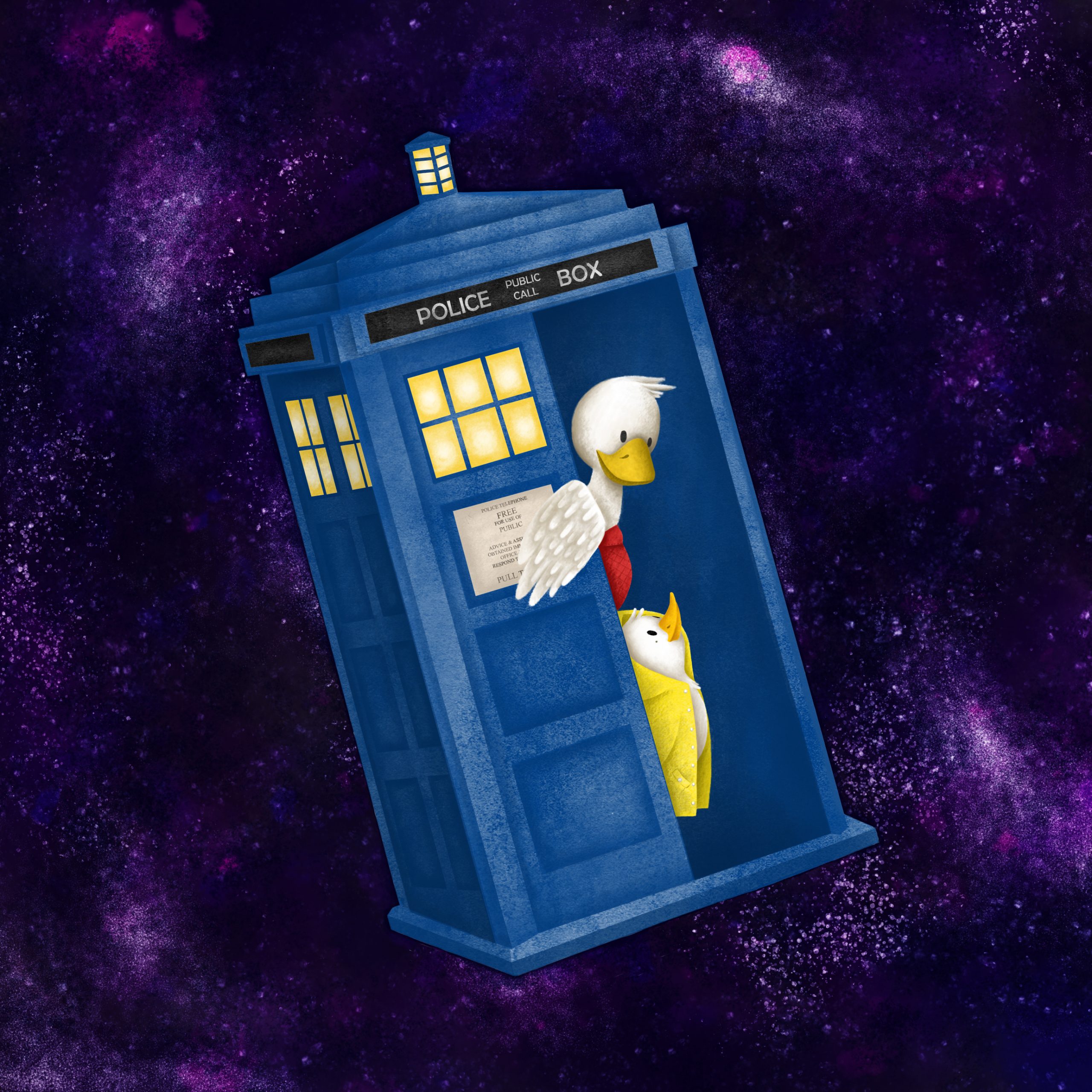 Personal illustration of Goose and Duck characters traveling inside Doctor Who's TARDIS.