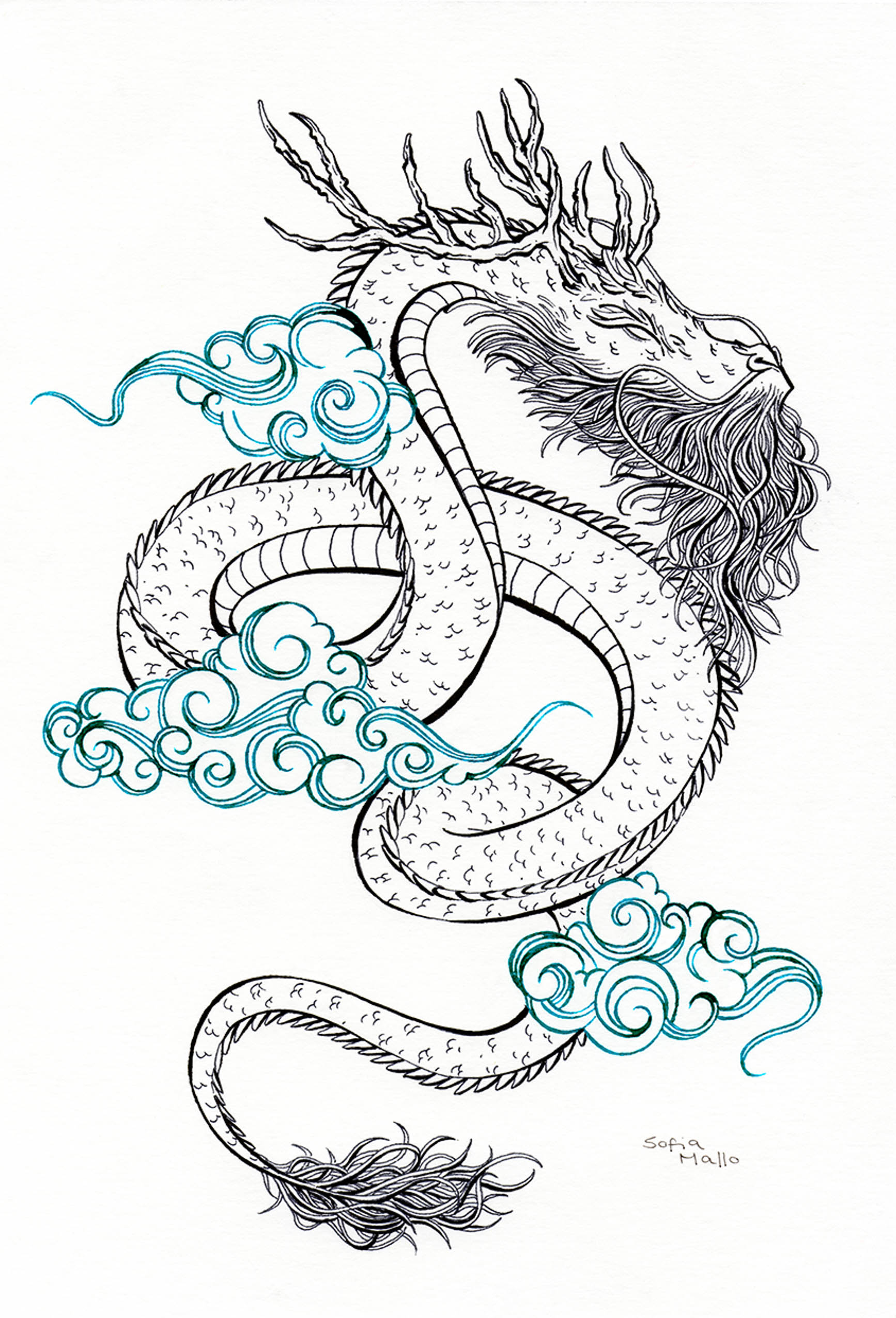 Traditional ink illustration of a korean dragon flying among the clouds.